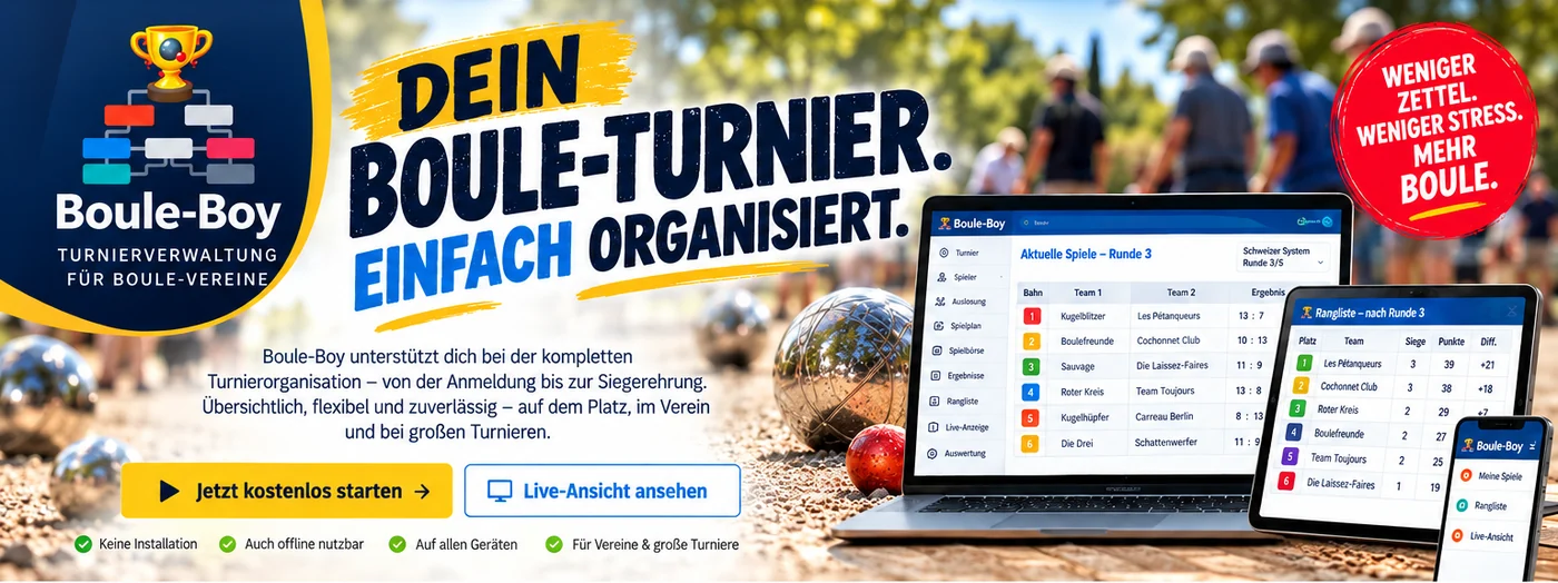 Boule-Boy Kampagnenmotiv mit Turnierleitung und App-Vorschau
