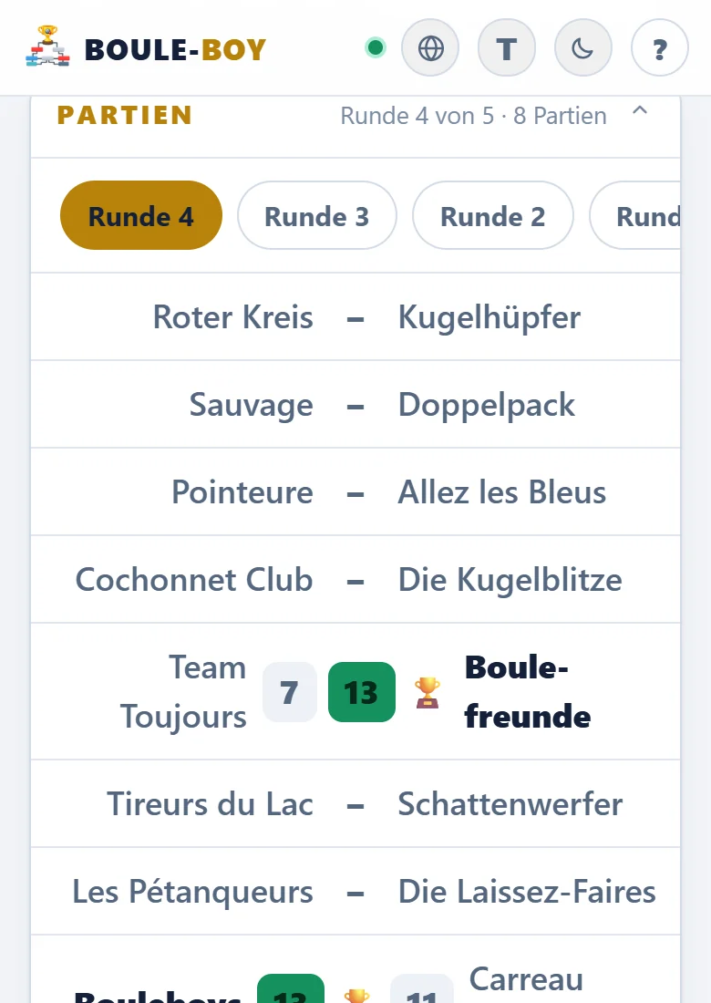 Live-Ansicht auf dem Handy: Paarungen der laufenden Runde