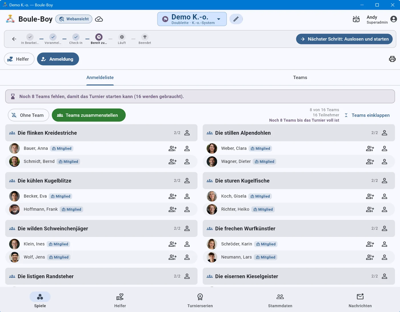 Boule-Boy: Turnieranmeldung und Teams, auf dem Handy die Live-Rangliste des Demo-Turniers