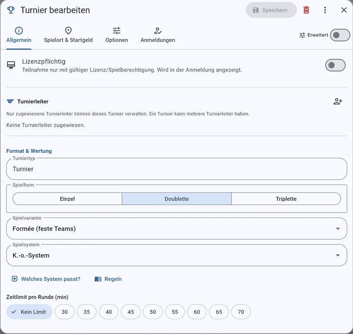 Turnier bearbeiten: Spielform, Spielvariante und Spielsystem